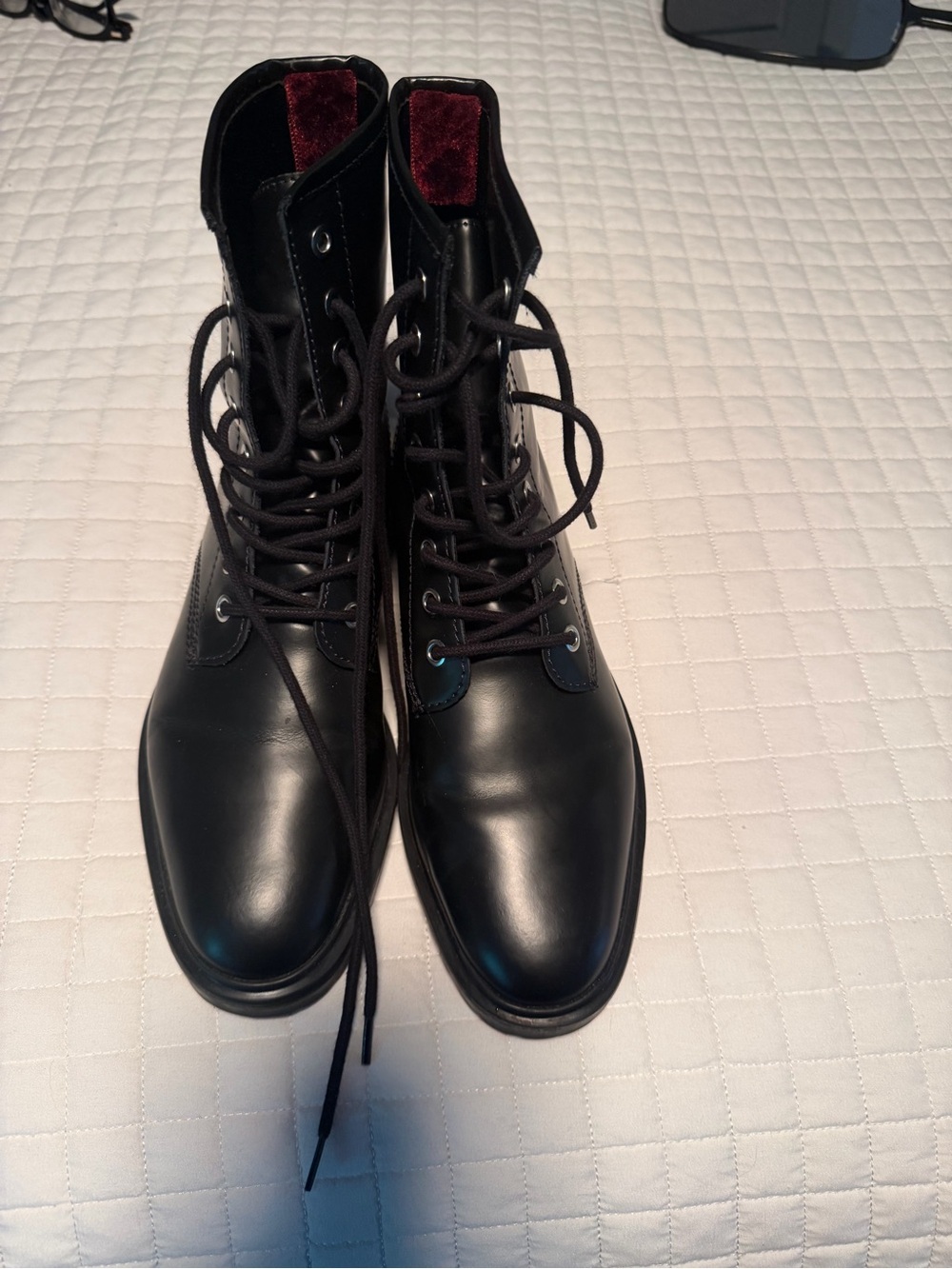 SCHUTZ Black Lace-Up Combat Boots with Burgundy Velvet Collar